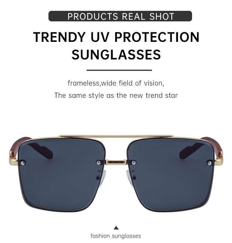 European and American Style Square Frame Cut Edge Sunglasses for Men with Imitation Wood Grain Temples, Men's Trendy Wholesale sunglass