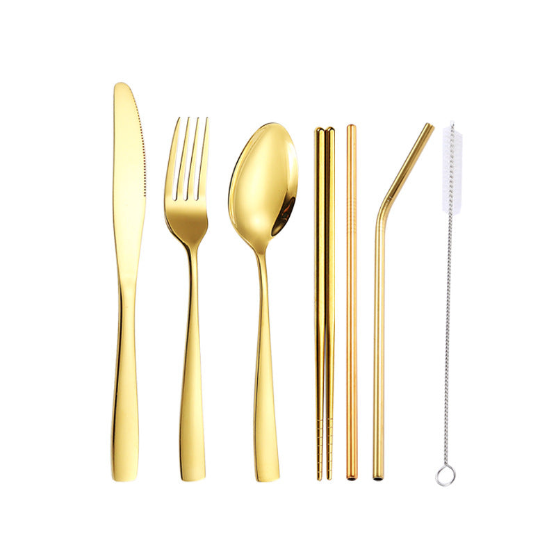 410Stainless Steel Portable Outdoor Camping Tableware Set304Stainless Steel Straw Knife Fork Spoon Chopsticks Seven-Piece Set
