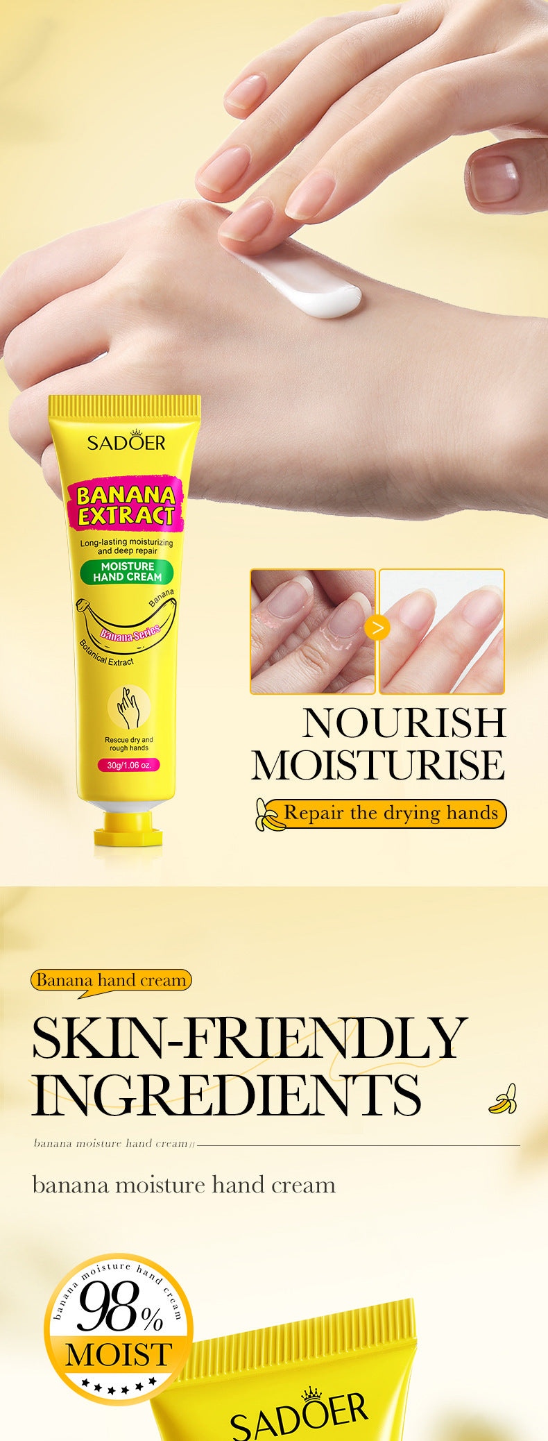 Banana Hydrating Hand Cream30g SADOER Moisturizing and anti-chapped autumn and winter hand cream  wholesale