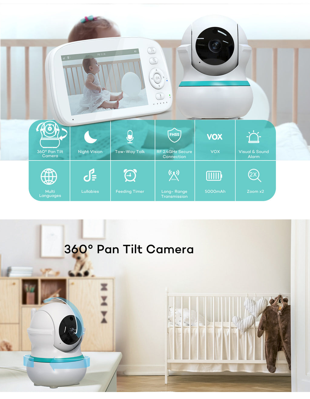 2025New360Shaking Head5Inch854p Baby Monitor Smart Baby Monitor Care