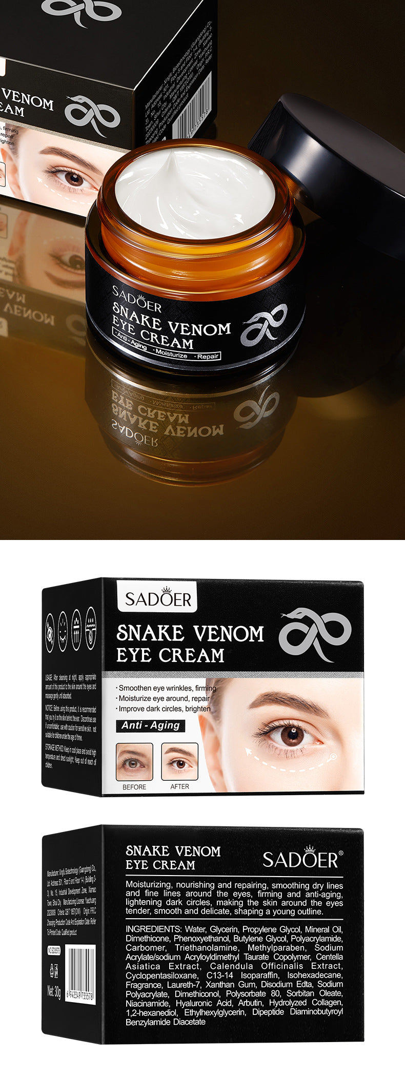Snake Venom Peptide Eye Cream SADOER Hydrating and Moisturizing Improves Dark Circles, Eye Bags, and Eye Wrinkles  Wholesale
