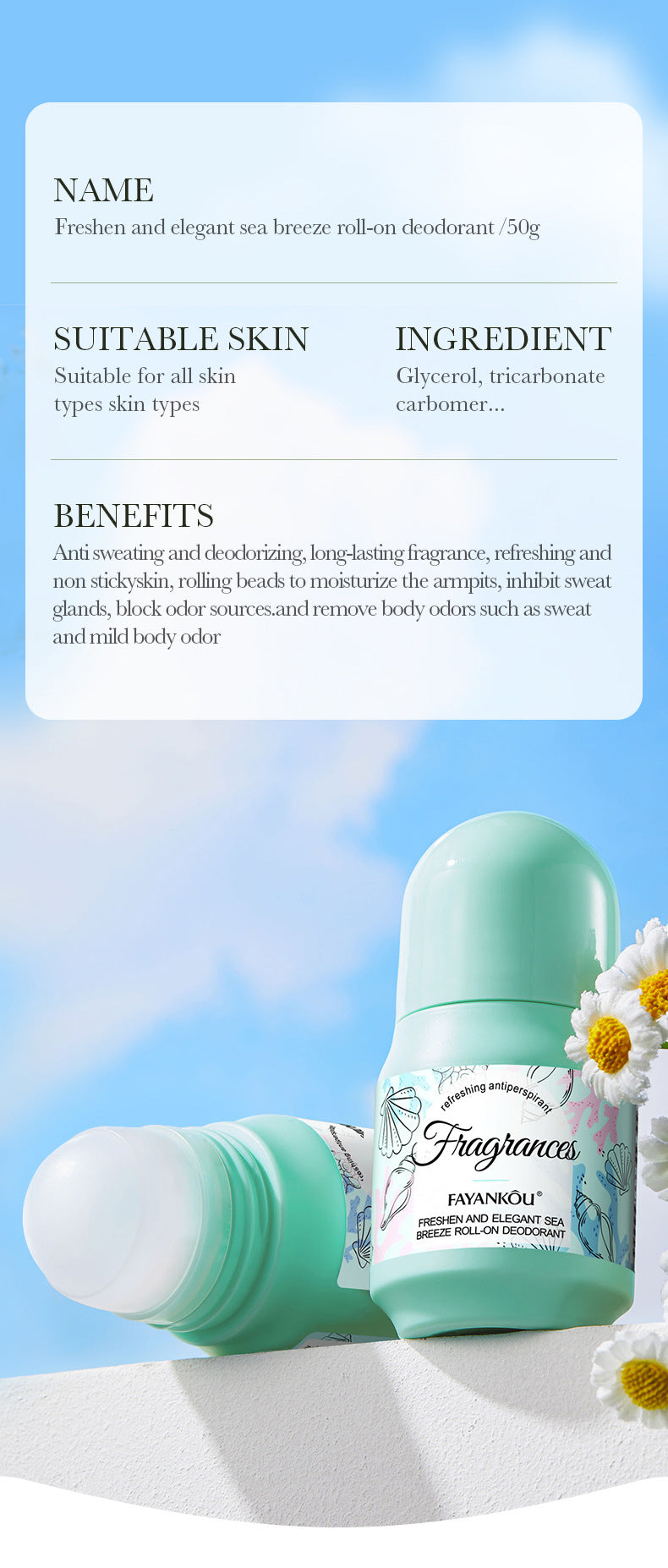 Antiperspirant50g FAYANKOU Deodorant with Long-lasting Fragrance, Refreshing Antiperspirant Roll-on,  Wholesale
