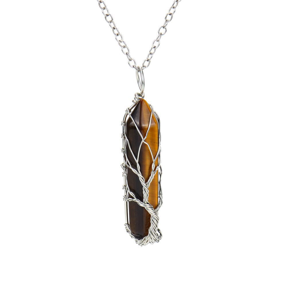 Twisted Hexagonal Column Necklace Pendant Women's Sweater Chain Fortune Tree Tiger Eye Stone Green Aventurine Natural Crystal Necklace