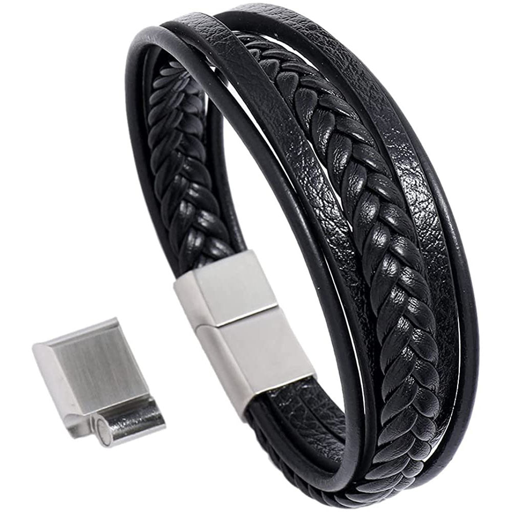 Vintage Multi-layer Hand-woven Bracelet Men's Simple Gift Bracelet Alloy Magnetic Clasp Tiger Eye Stone Leather Bracelet