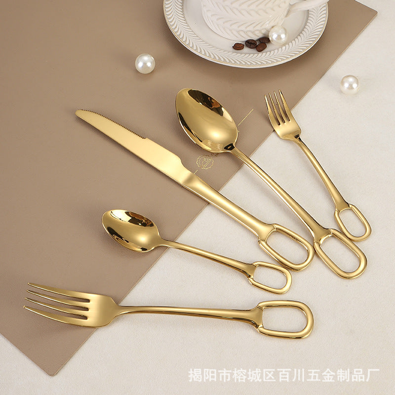 304Stainless Steel Western Cutlery Set with Rings, Steak Knife, Fork, Spoon, European Style Hanging Hole Tea Spoon with Tail Set