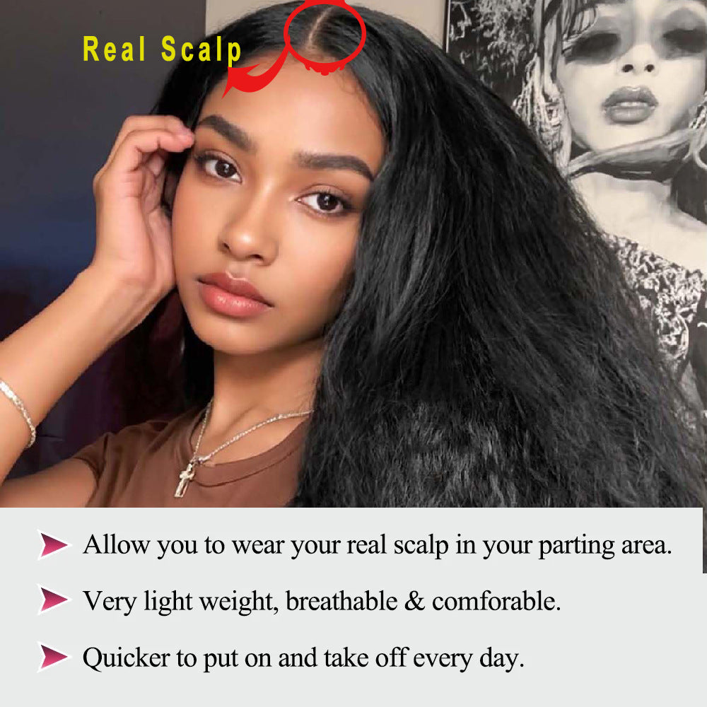 YAKI Straight Hair with Curly Ends Synthetic Wig V High-Temperature Fiber Wig with Hollow Top