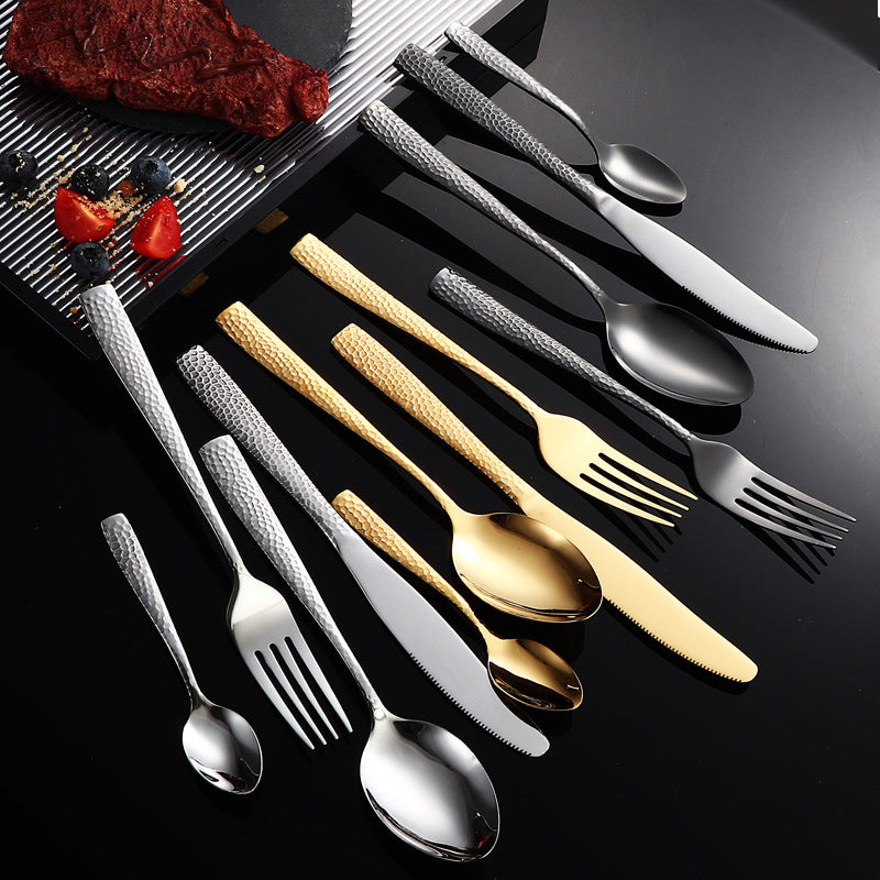 410Stainless Steel Cutlery Restaurant Western Hammered Square Handle Knife Fork Spoon Set Hotel Home Steak Knife Fork