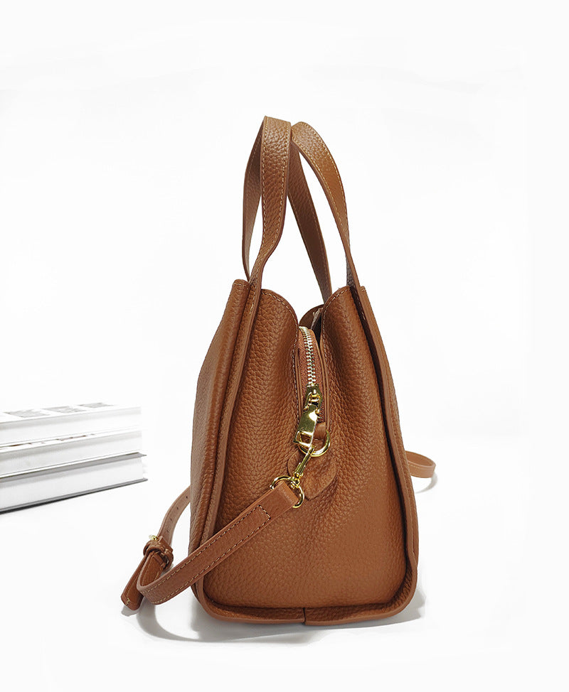 Genuine Leather Basket Bag Handheld Bucket Bag Women's Winter Crossbody Bag Large Capacity Top Layer Cowhide Bucket Style