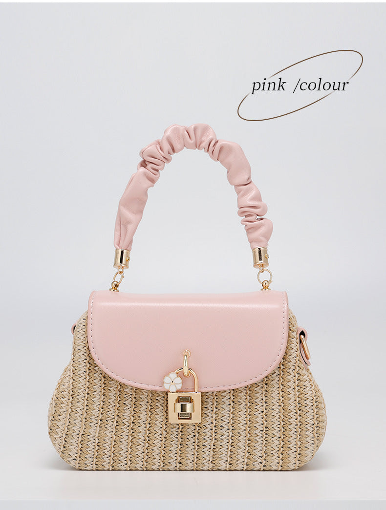 Summer New Style Straw Bag Fashion Box Bag Single Shoulder Crossbody Pleated Handbag Beach Vacation Ethnic Style Women's Bag