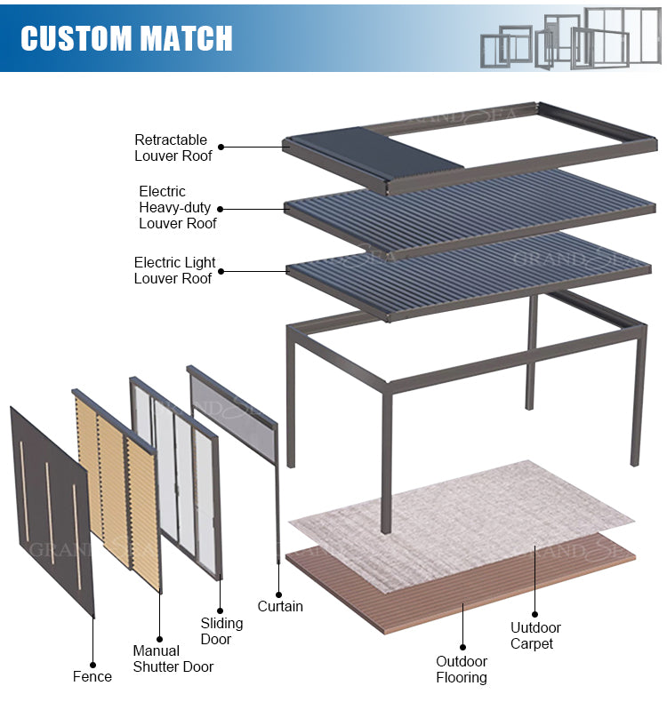 Waterproof Pergola Leisure Garden Motorized Louvered Roof Aluminium Outdoor Bioclimatic Pergola Aluminum