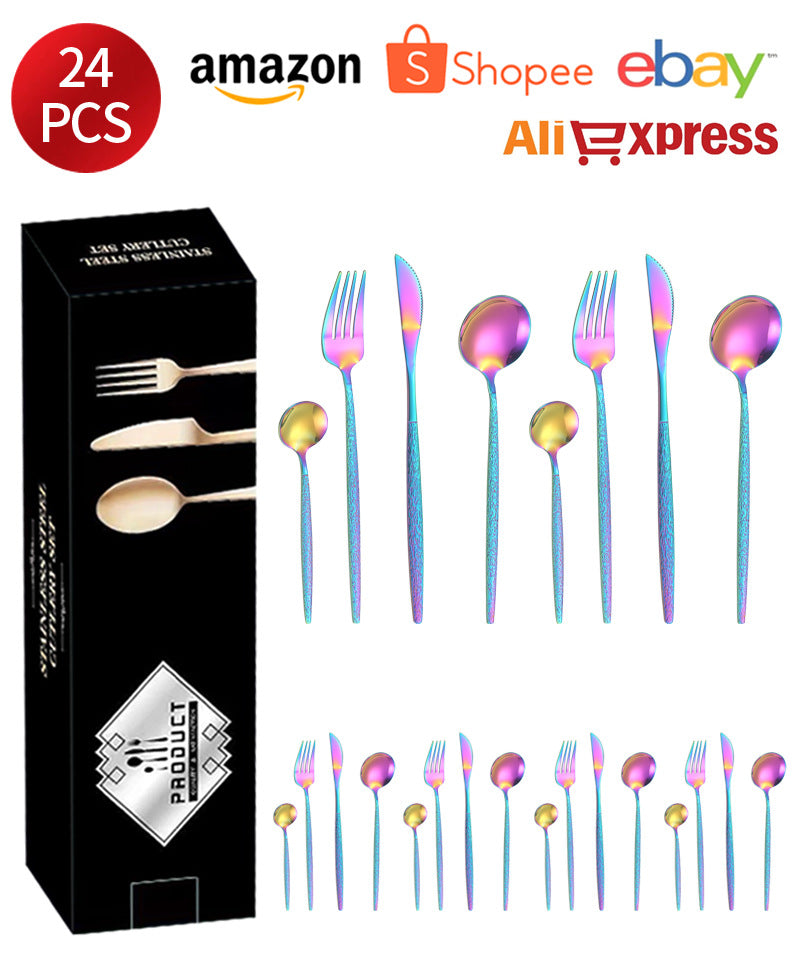 Stainless Steel Cutlery Western Knife Fork Spoon Restaurant Steak Knife Fork Hammer Pattern Portugal24Set