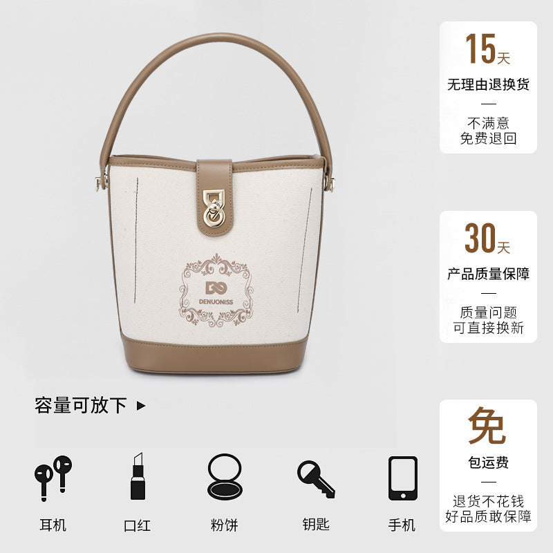 Korean Style Simple Canvas Contrast Color Bucket Bag Women's Stitching Portable and Fashion Women's Bag Versatile Messenger Bag