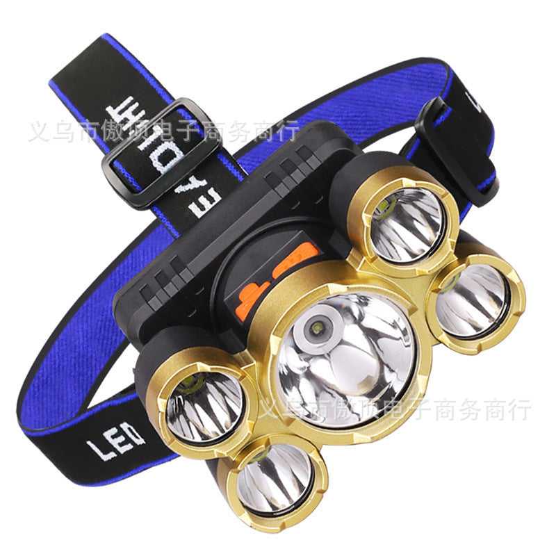Outdoor head lamp LED Head-mounted Flashlight Lithium Battery Strong Light Five-head Headlamp Long-range Flashlight Mining Lamp USB Charging