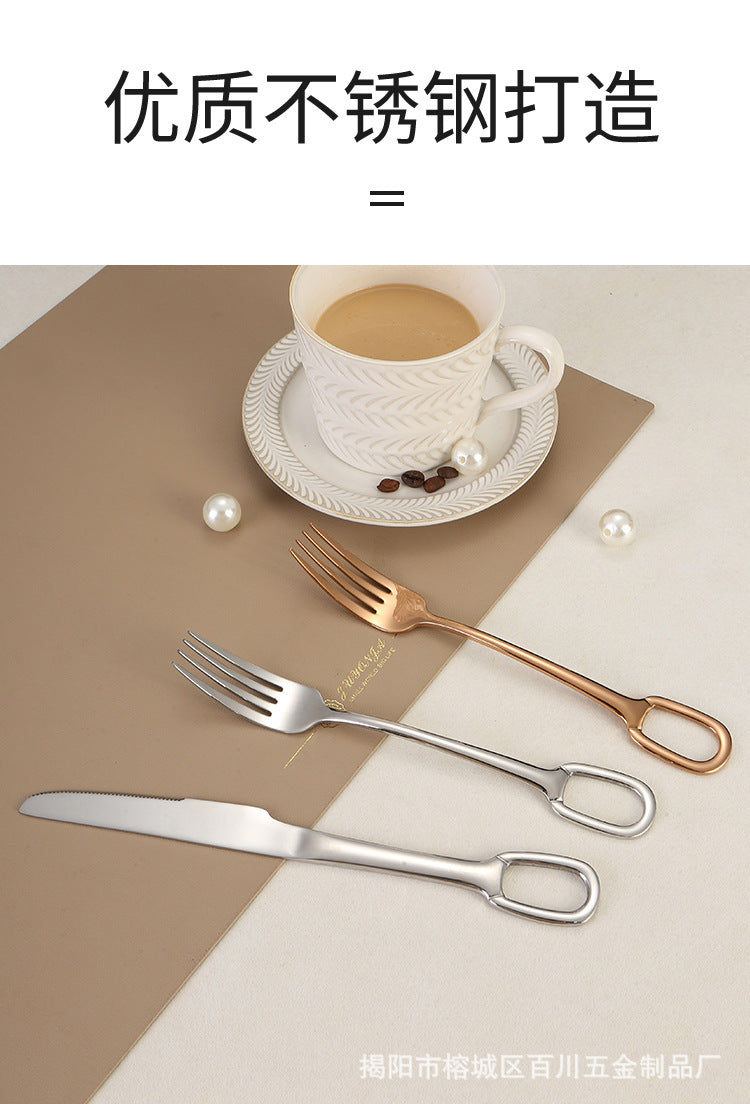 304Stainless Steel Western Cutlery Set with Rings, Steak Knife, Fork, Spoon, European Style Hanging Hole Tea Spoon with Tail Set