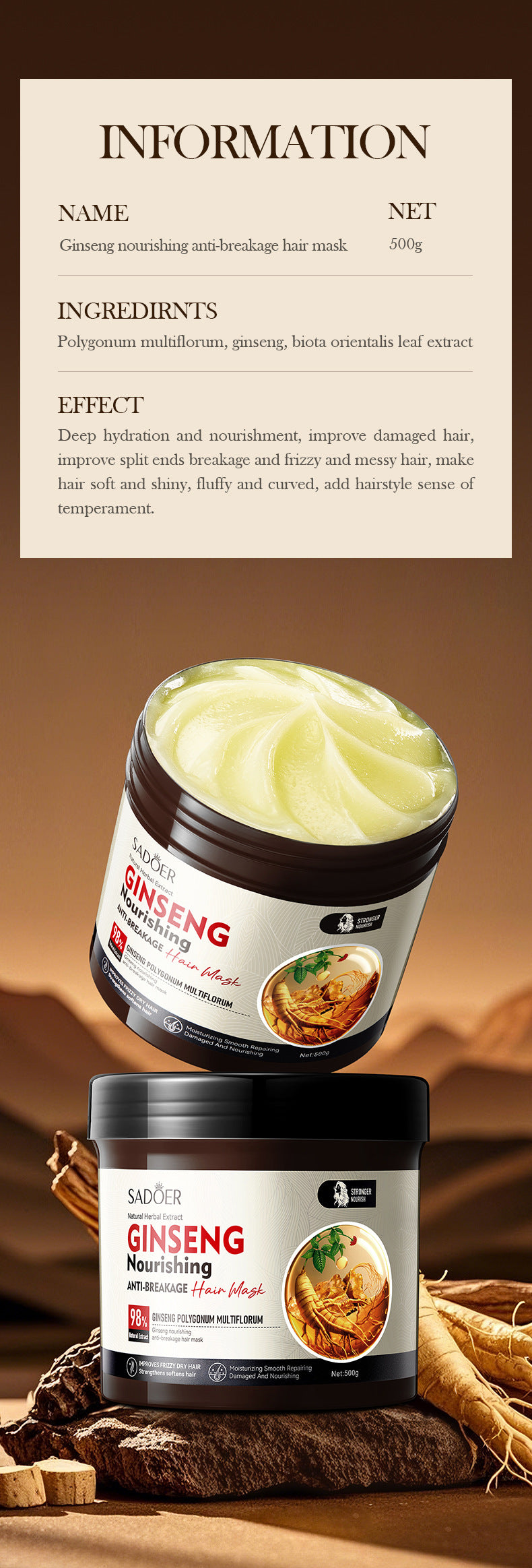 Ginseng and Polygonum Multiflorum Hair Mask SADOER Nourishing Anti-Breakage Smooth Voluminous Hair Mask  Wholesale
