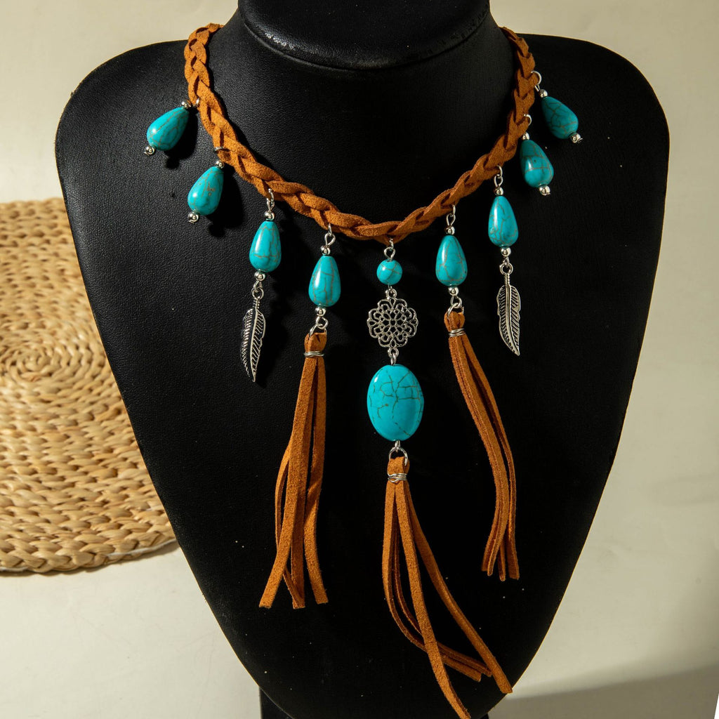 European and American Retro Turquoise Pendant Sweater Chain Design Heart-shaped Women's Autumn Winter Long Tassel Y Type Necklace