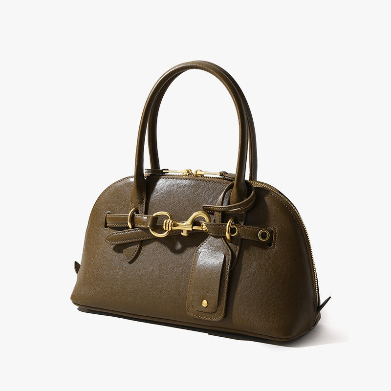 Miaojia Same Style European and American Retro Handbag Female Sense Top Layer Cowhide Crossbody Shell Bag Niche Boston Bag