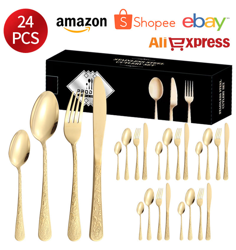 Stainless Steel Tableware Phoenix Pattern Knife Fork Spoon24Set of European-style Retro Relief Western Steak Knives and Forks