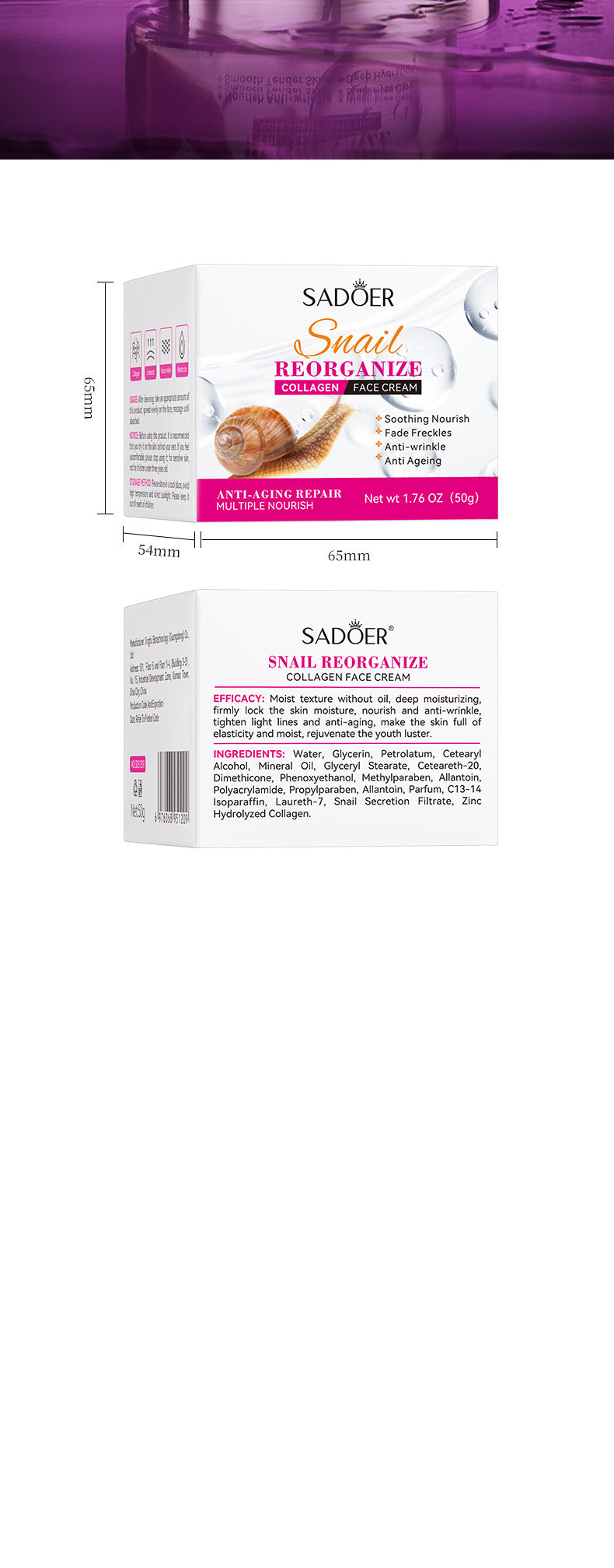 Snail Face Cream50g Collagen Hydrating Moisturizing Cream  Foreign Trade Wholesale