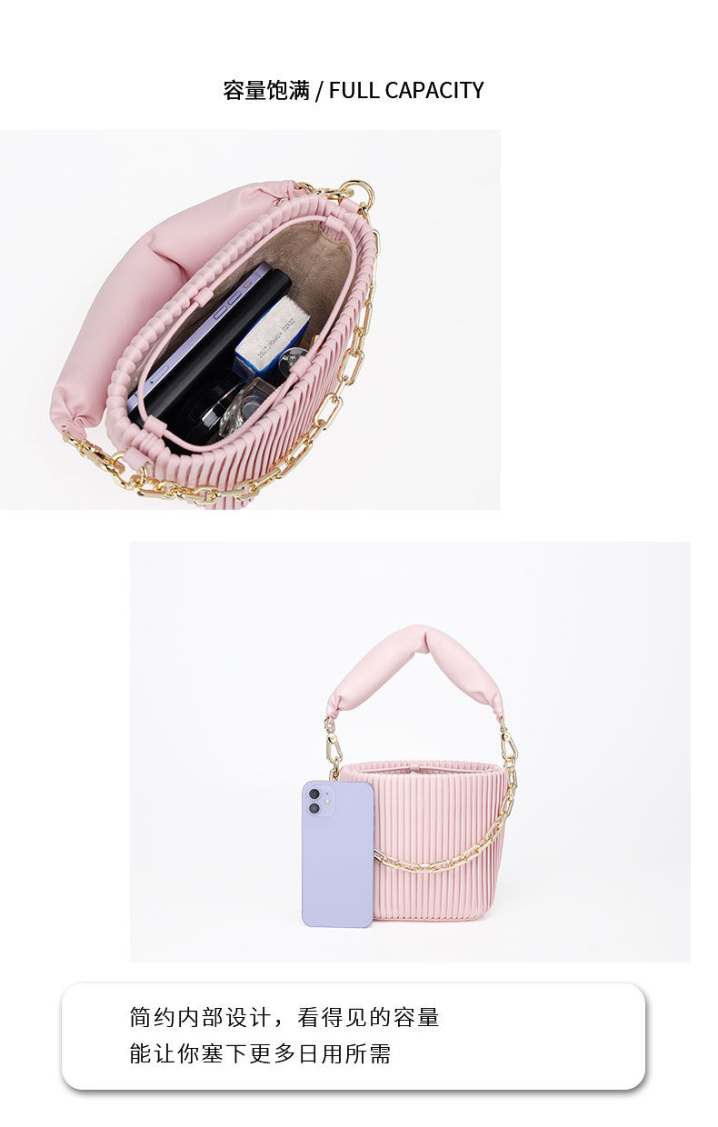 Unique Korean Design Pleated Bucket Bag for Women with Chain Handle, Versatile Fashionable Single Shoulder Crossbody Bag for Ladies
