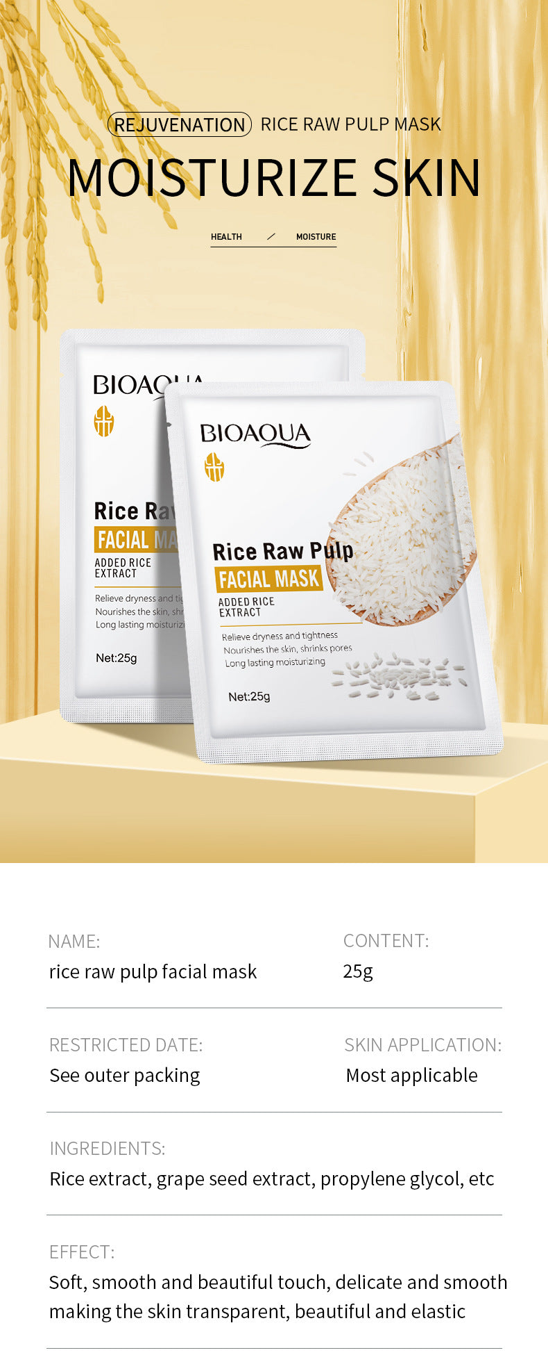 Mask25gBIOAOUA Rice Honey Hydrating Moisturizing Tablets Pack  Wholesale OBO