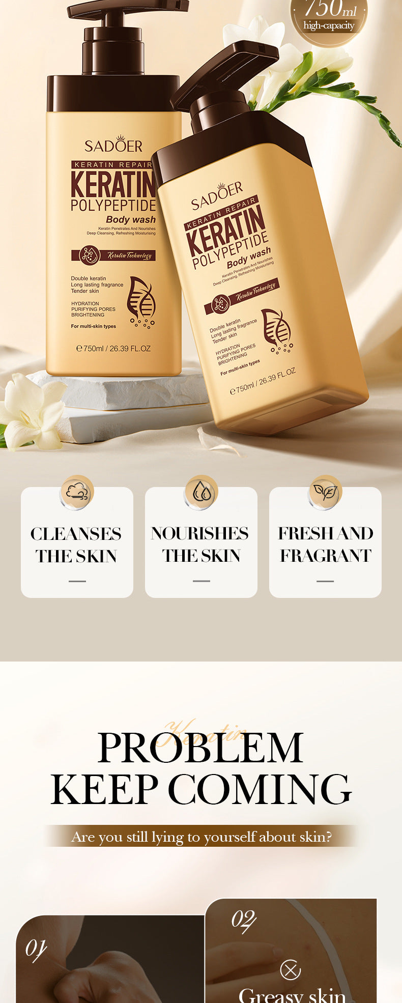 Keratin Peptide Rejuvenating Shower Gel SADOER Moisturizing and cleansing body wash cross-border wholesale