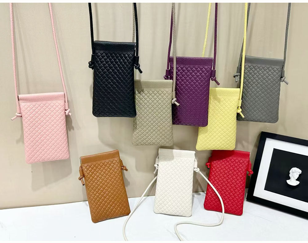 Genuine Leather Phone Bag for Women, Crossbody Small Bag, New Woven Pattern Vertical Style, Lightweight Mini Cowhide Walking Bag