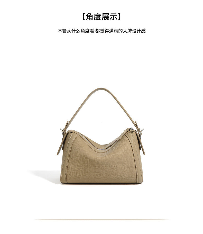 New Top Layer Cowhide Boston Bag Fashion Women's Bag Simple Texture Cowhide Shoulder Crossbody Bag Niche Design Sense