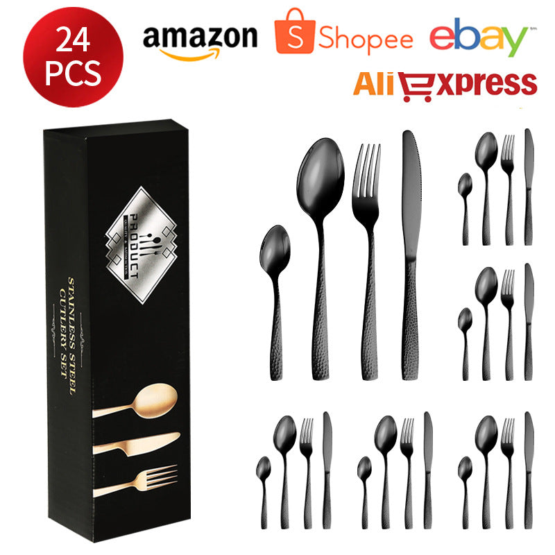 410Stainless Steel Cutlery Restaurant Western Hammered Square Handle Knife Fork Spoon Set Hotel Home Steak Knife Fork