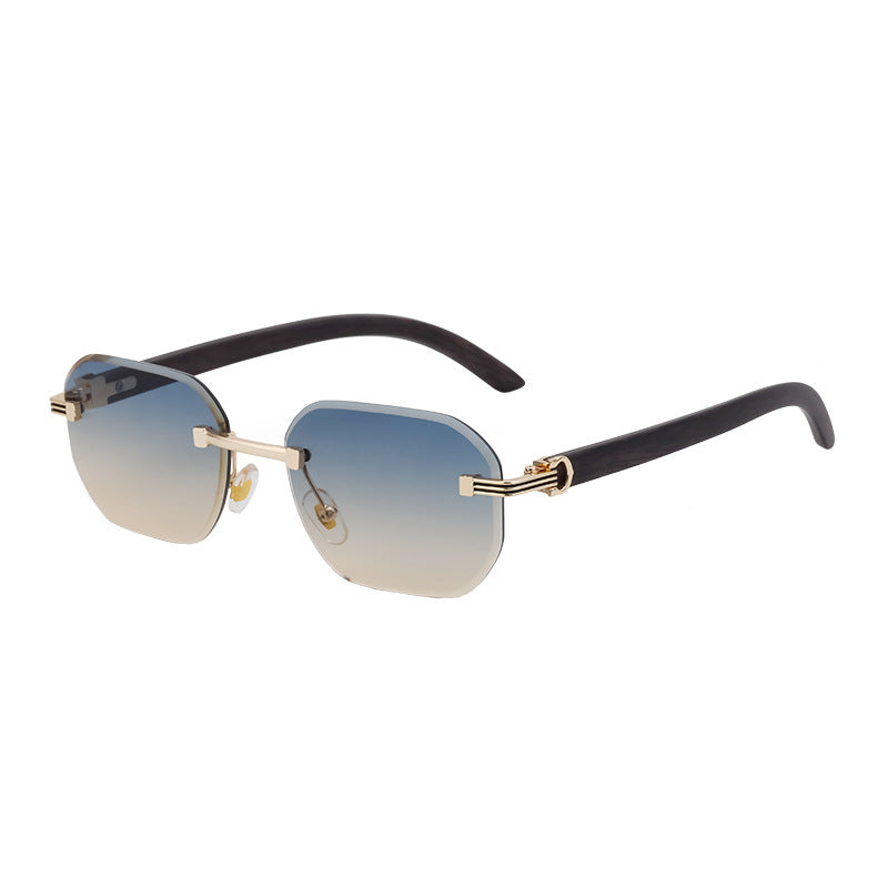 【Customization】Diamond Cut Rimless Glasses for Men, European and American Retro Style, Imitation Wood Grain Temple Sunglasses, Sun Protection Sunglasses