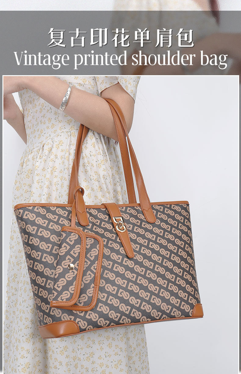 Original Design Retro Print Tote Bag for Work Commute Large Capacity Shoulder Bag Niche Versatile Fashion Handbag