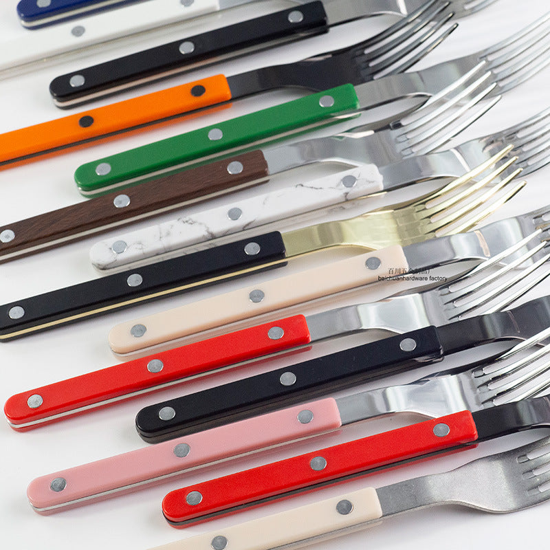 304Mirror Western Tableware Set ABS Handle Butter Knife Fork Spoon Clip Handle Steak Dessert Spoon Fork Plastic Handle
