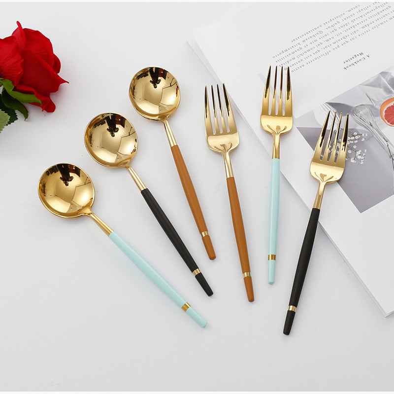 304Stainless Steel Portuguese Tableware Creative Lathe Craft Glossy Mirror Black Gold Round Spoon Dessert Spoon Fork