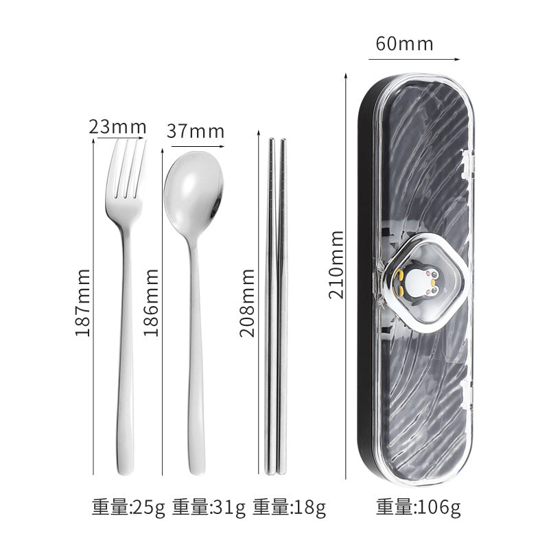 304Stainless Steel Tableware Student Cartoon Portable Tableware Set Work Outdoor Fork Spoon Chopsticks Three-piece Set