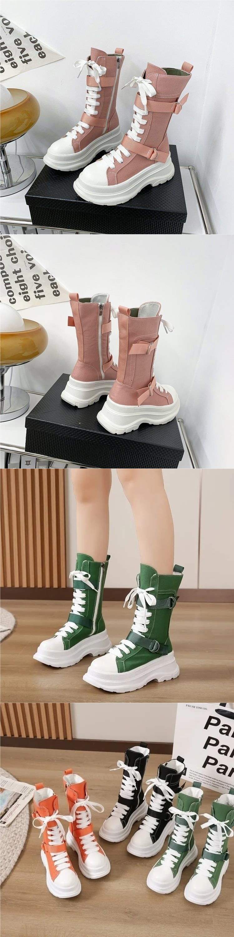 2025Summer New Korean Style High-Top Canvas Martin Boots High Heel Round Toe Non-Slip Height Increasing Trend Korean Style Solid Color Series