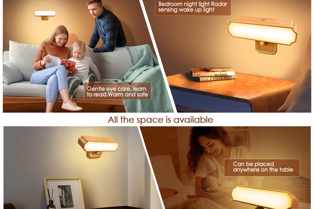 Solid Wood Wall Lamp Human Body Sensing Wireless Reading Wall Lamp Magnetic Night Light Desktop Warm Light Suitable for Staircase Corridor