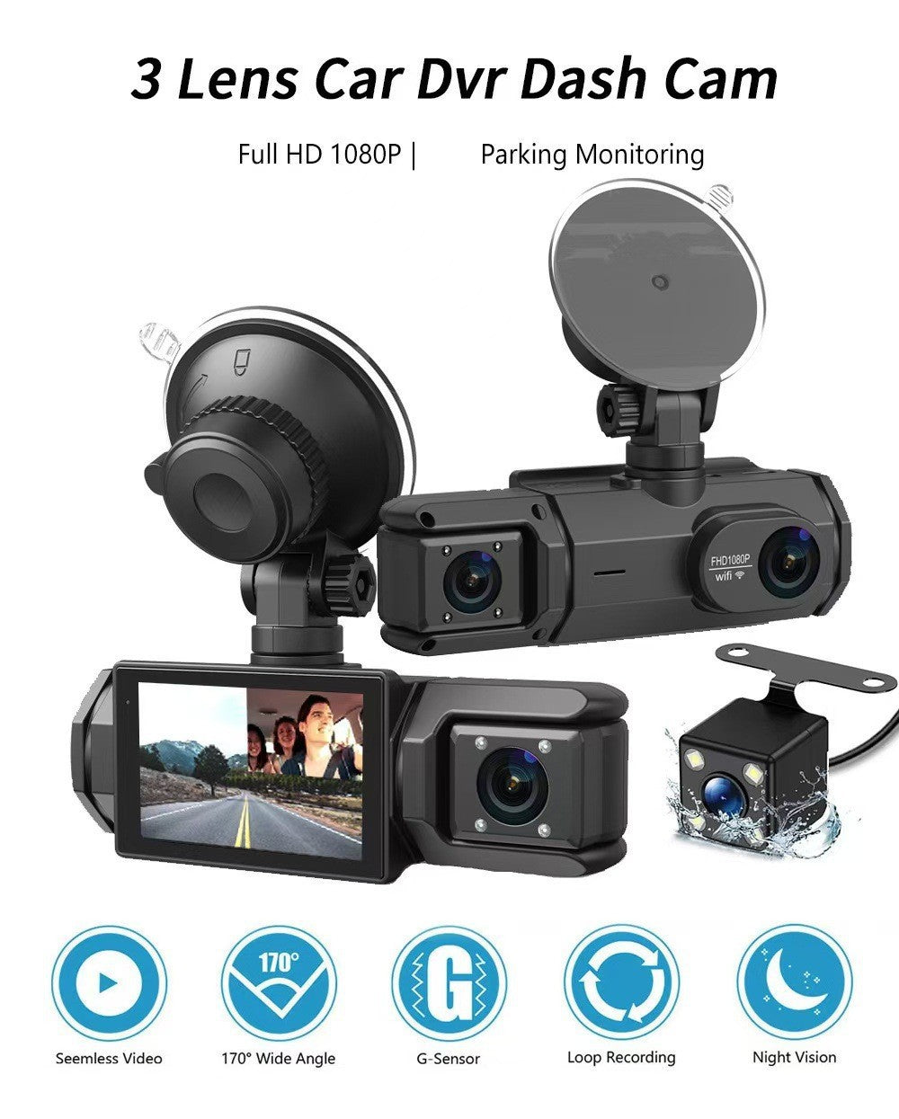 Hd1080P Driving Recorder with Three Lenses and Rearview Camera for Mobile Phone WIFI Car DVR