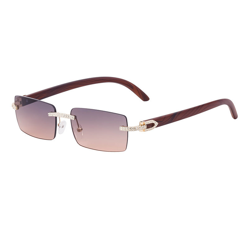 European and American Retro Frameless Men's Sunglasses with Diamond Inlay and Wood Grain Temples New Style Glasses Wholesale shades