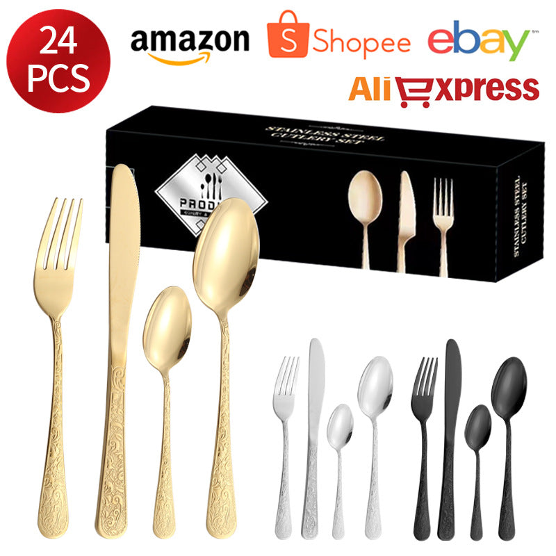 Stainless Steel Tableware Phoenix Pattern Knife Fork Spoon24Set of European-style Retro Relief Western Steak Knives and Forks