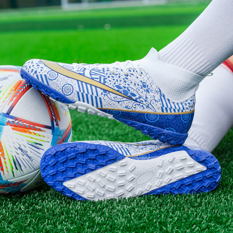 World Cup Same Style Blue and White Porcelain High-top Soccer Shoes for Men and Women, Children and Youth Competition Training Shoes