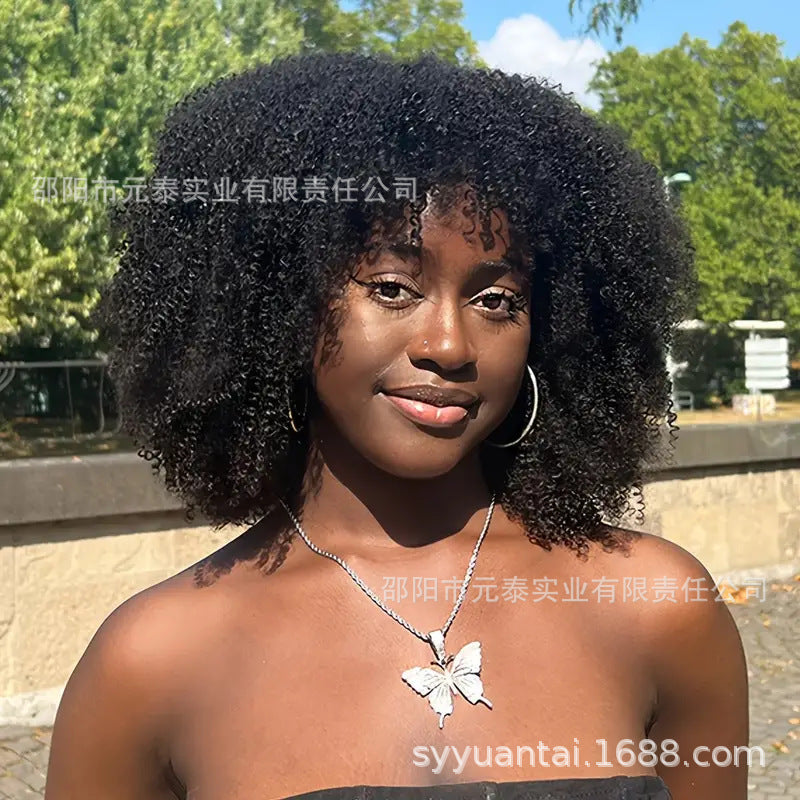 Kinky Curly  Wigs With Bangs None Lace Human Hair Wigs