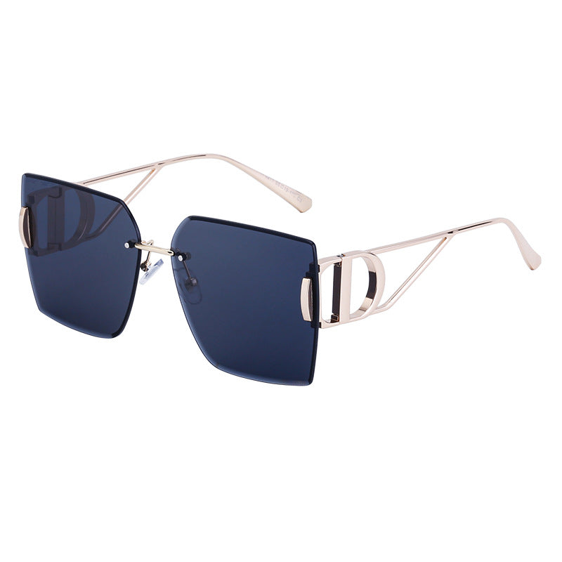 New European and American Fashion Diamond Cut Edge Rimless Sunglasses for Women Trendy Hollow Temple Large Frame Sunglasses Women's Glasses