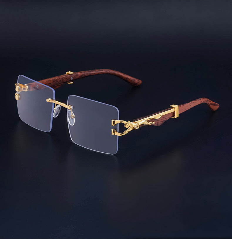 Vintage Rimless Sunglasses for Women with Leopard Wood Grain Temples, Square Frame Sunglasses for Men, Trendy Eyewear shades