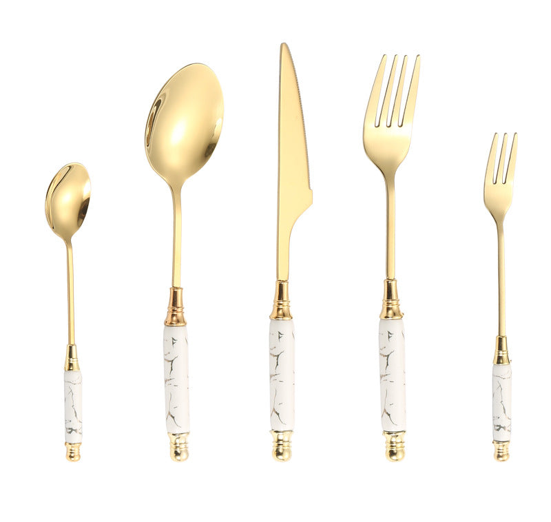 Stainless Steel Cutlery Restaurant Western Steak Knife Fork Imitation Marble Pattern Ceramic Handle Knife Fork Spoon Tea Spoon Tea Fork Set