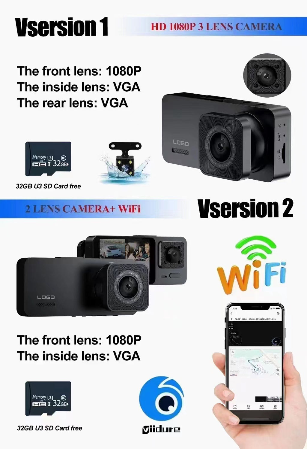 S10New Dash Cam2Inch IPS Hd1080P WIFI Three-Channel Recorder Cardvr