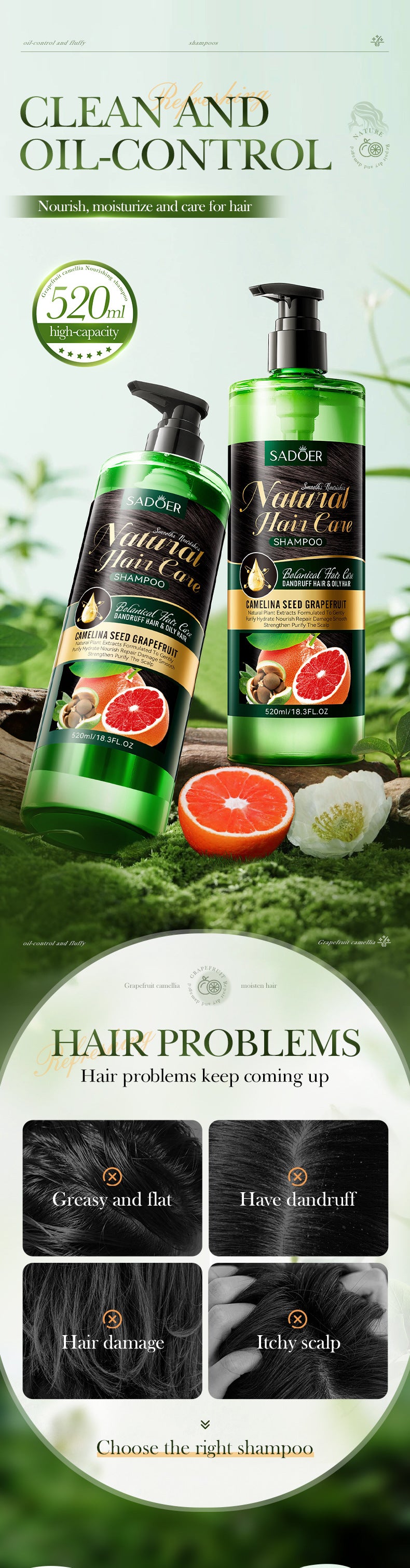 Camellia Seed Anti-Dandruff Shampoo SADOER Grapefruit Smooth Nourishing Shampoo Cross-Border Wholesale