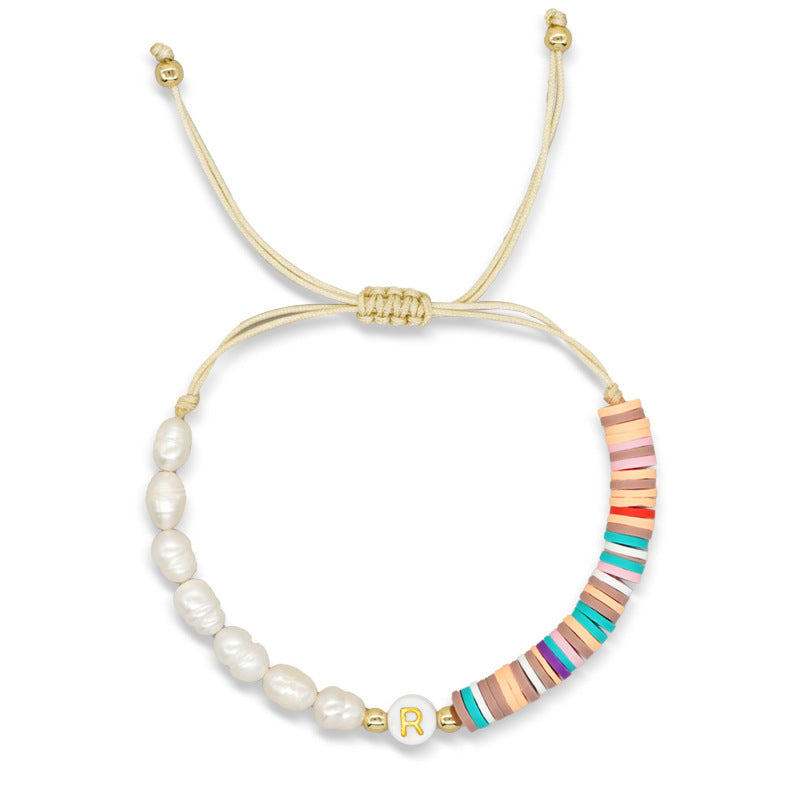 Imitation pearl26Letter Bracelet Bohemian Casual Vacation Bracelet Gold Beads Stretchable Soft Clay Woven Bracelet