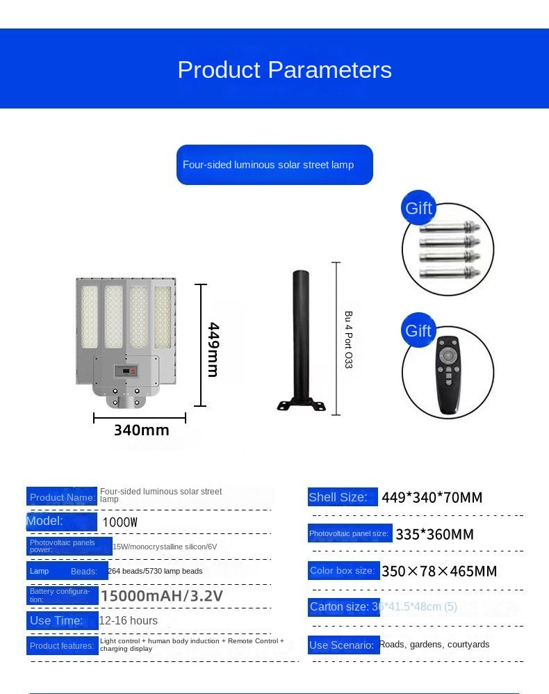 Cross-Border New High-Power Household Integrated Solar Lamp Super Bright LED Light Source IP65 Rating for Outdoor Project Street