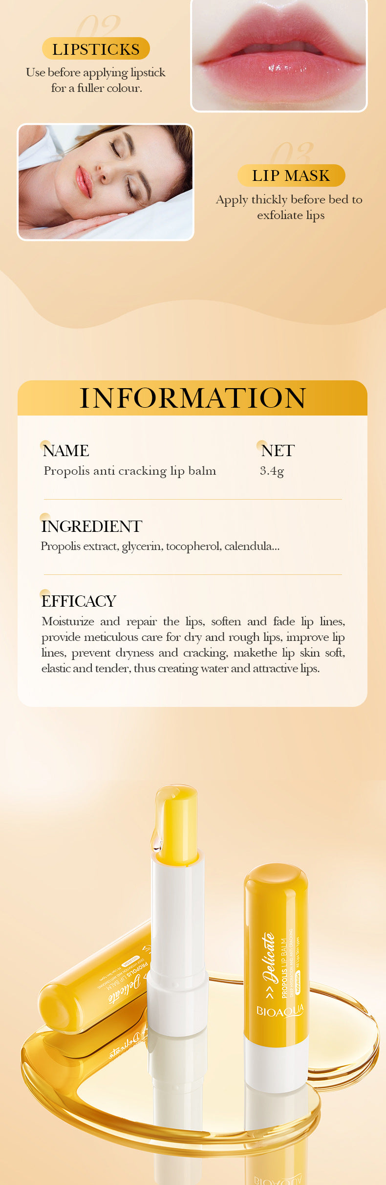 Propolis Softening Lip Balm BIOAOUA Anti-chapped Moisturizing Lip Balm Cross-Border Wholesale