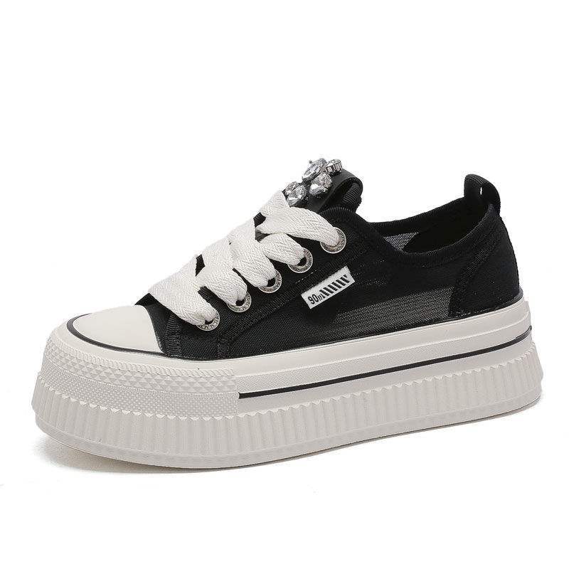 Korean style mesh breathable thick-soled white sneakers for women2025Summer new thin versatile rhinestone sports casual sneakers